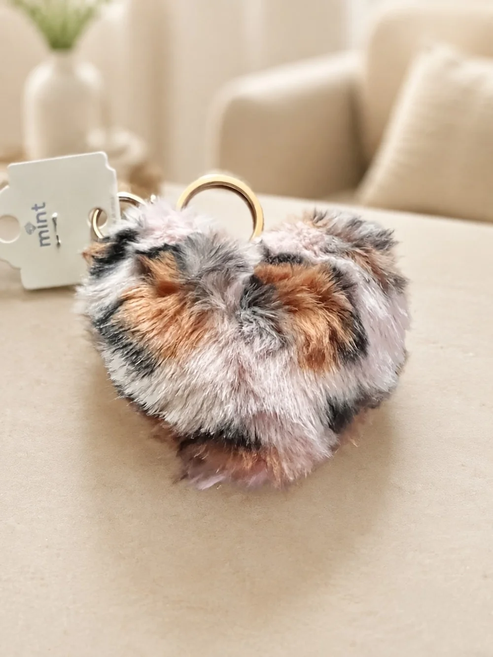 Mint Multicolor Faux Fur Heart Key & Card Holder with Gold Hardware